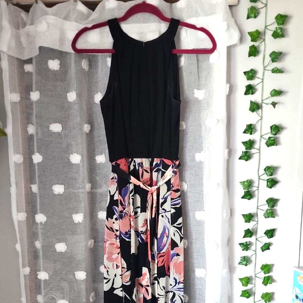SLNY Floral Black Halter Neck Dress